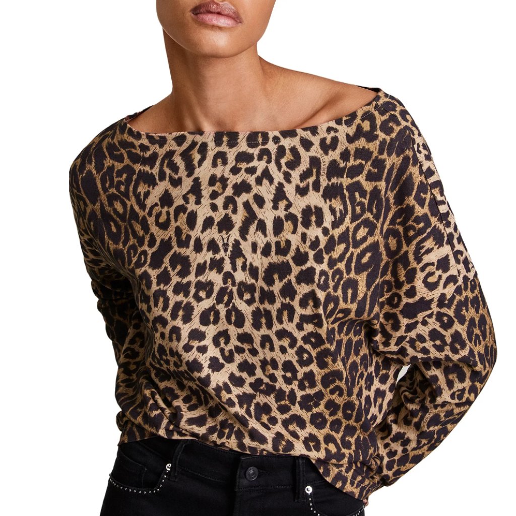 Leopard Print Boatneck Women's Top - Brown/Black